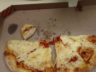 Gay slut cums on pizza